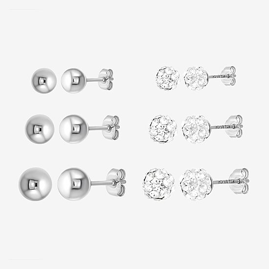 Womens White Crystal Sterling Silver Round 6 Pair Earring Set