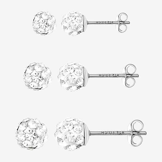 Womens White Crystal Sterling Silver Round 6 Pair Earring Set