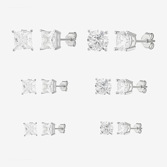 Womens Cubic Zirconia Sterling Silver Round 6 Pair Earring Set