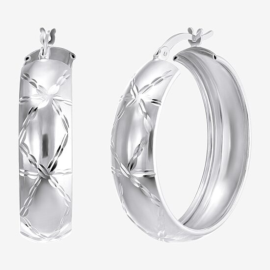 Womens Sterling Silver 30mm Round Hoop Earrings