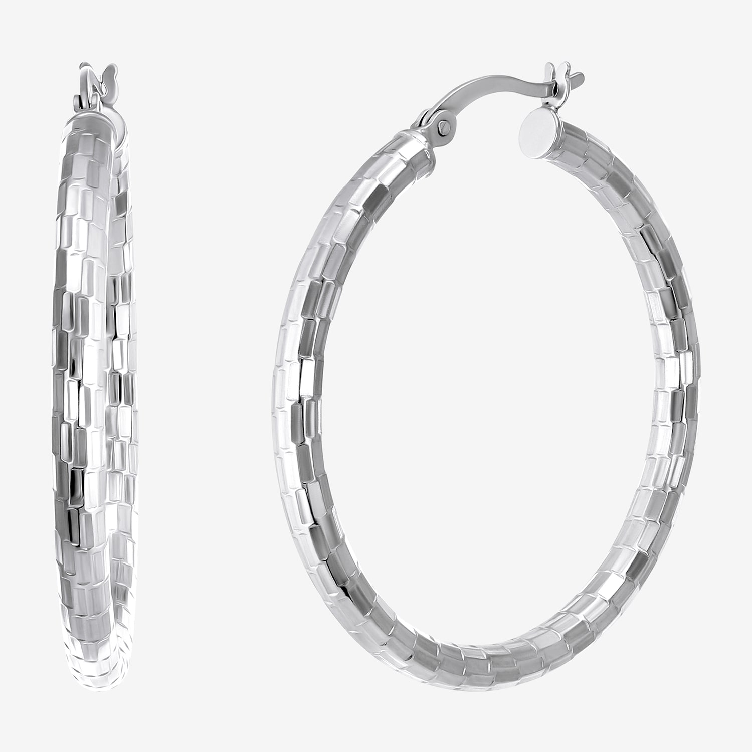 Womens Sterling Silver 35mm Round Hoop Earrings