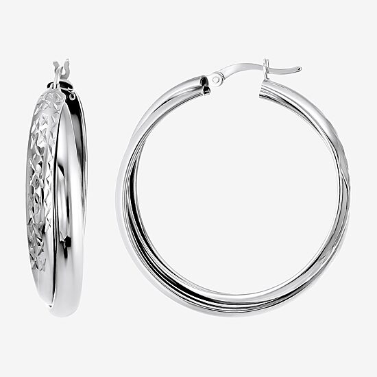 Womens Sterling Silver 35mm Round Hoop Earrings