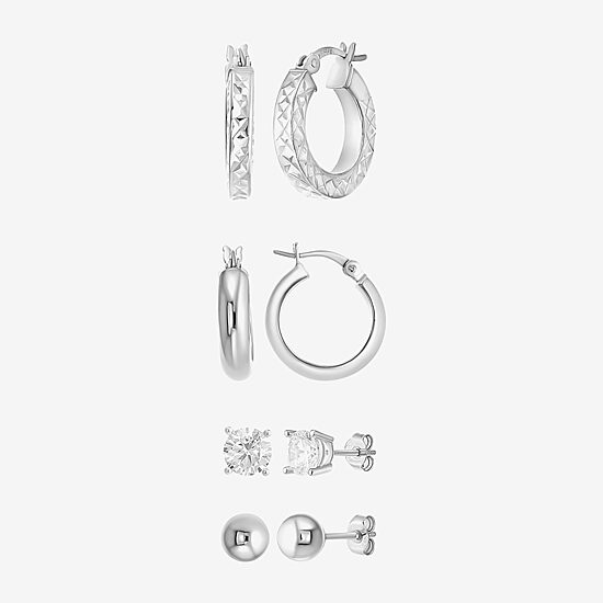 Womens Cubic Zirconia Sterling Silver Round 4 Pair Earring Set