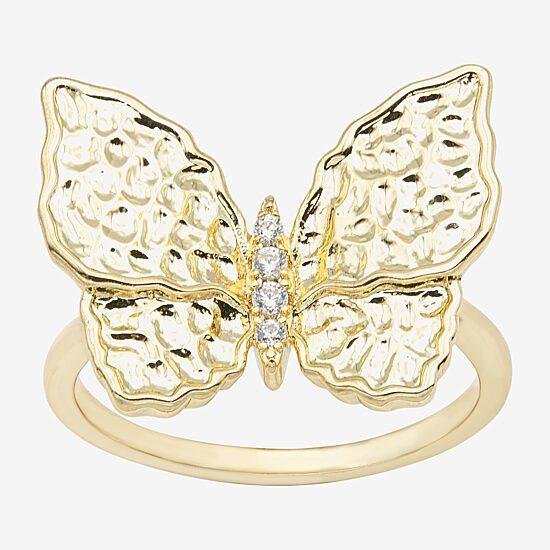 Sparkle Allure Hammered Womens Champagne Cubic Zirconia 14K Gold Over Brass Butterfly Cocktail Ring