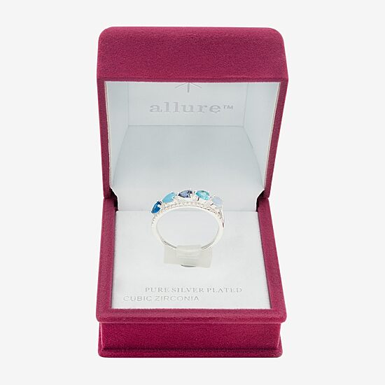 Sparkle Allure Faux Stacked Womens 2MM Blue Crystal Pure Silver Over Brass Pear 5-Stone Band