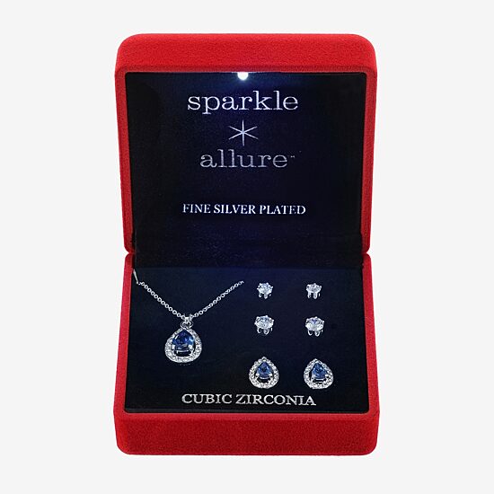 Sparkle Allure Light Up Box Womens Blue Cubic Zirconia Pure Silver Over Brass 4-pc. Jewelry Set