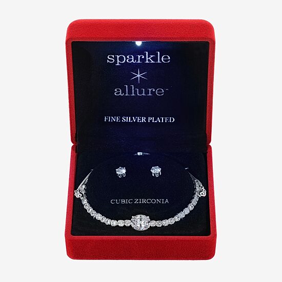 Sparkle Allure Light Up Box Womens Cubic Zirconia Pure Silver Over Brass Oval 2-pc. Jewelry Set