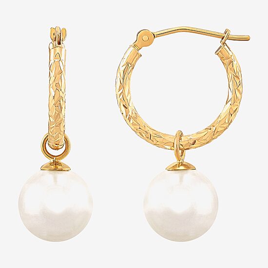 Womens White Cultured Freshwater Pearl 10K Gold 27.5mm Ball Hoop Earrings