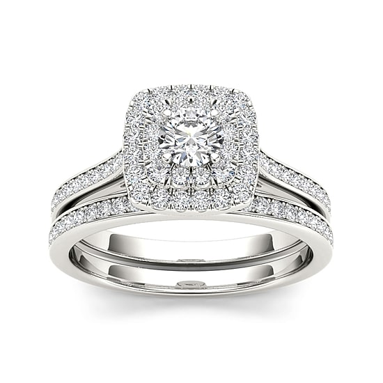 3/4 CT.T.W. Natural Diamond Halo 10K White Gold Bridal Ring Set