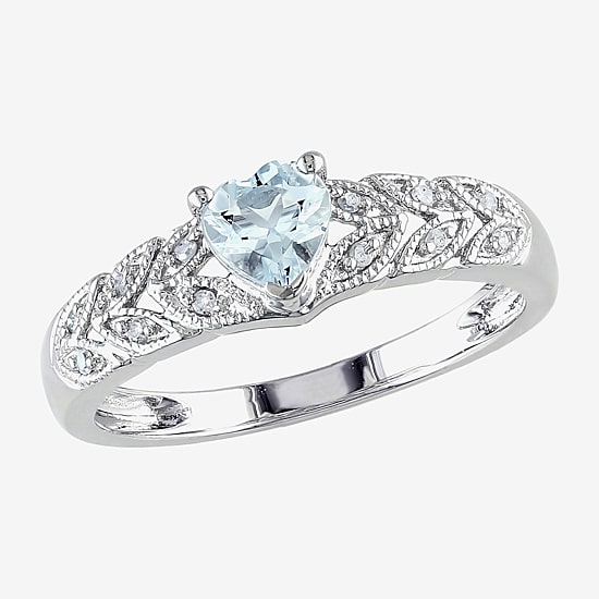 Modern Bride Gemstone Womens Diamond Accent Genuine Blue Aquamarine Sterling Silver Heart Promise Ring