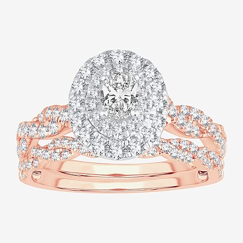Signature By Modern Bride Womens 1 CT.T.W. Natural Diamond 10K or 14K Gold Oval Side Stone Halo Bridal Set, 9, Rose