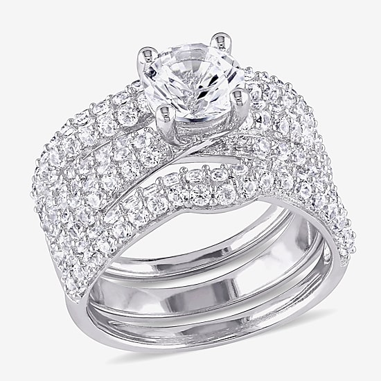 Modern Bride Gemstone Womens Lab Created White Sapphire Sterling Silver Round Bridal Set