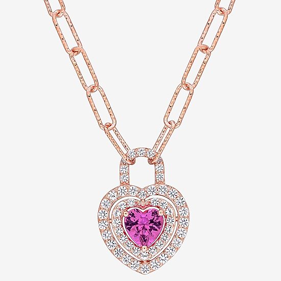 Womens Lab Created Pink Sapphire 18K Rose Gold Over Silver Heart 16 Inch Pendant Necklace