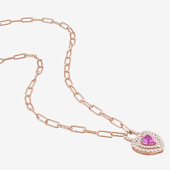 Womens Lab Created Pink Sapphire 18K Rose Gold Over Silver Heart 16 Inch Pendant Necklace