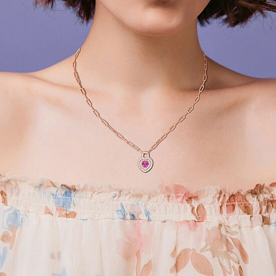 Womens Lab Created Pink Sapphire 18K Rose Gold Over Silver Heart 16 Inch Pendant Necklace