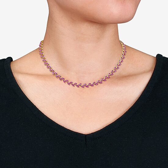 Womens Pink Sapphire Sterling Silver 17 Inch Tennis Necklace