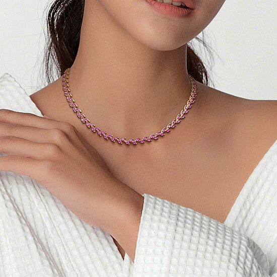 Womens Pink Sapphire Sterling Silver 17 Inch Tennis Necklace