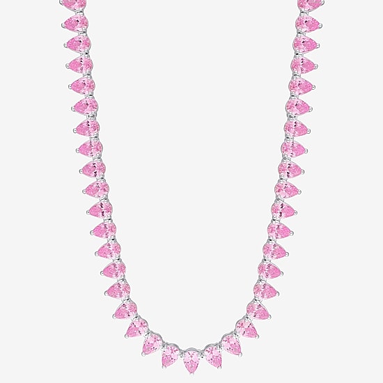 Womens Pink Sapphire Sterling Silver 18 Inch Tennis Necklace