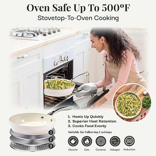 Gotham Steel Hammered Cream 14" Ultra Ceramic Non-Stick Frying Pan with Lid