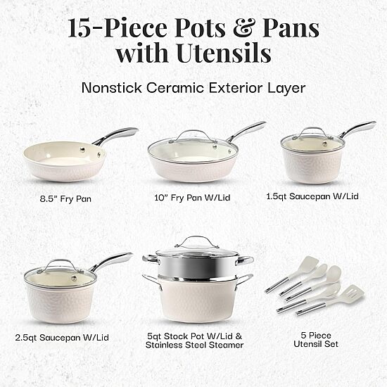Gotham Steel Hammered Cream 15-pc. Ultra Ceramic Non-Stick Cookware Set with Utensils