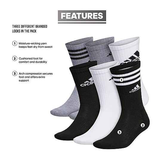 adidas Mens 6 Pair Crew Socks