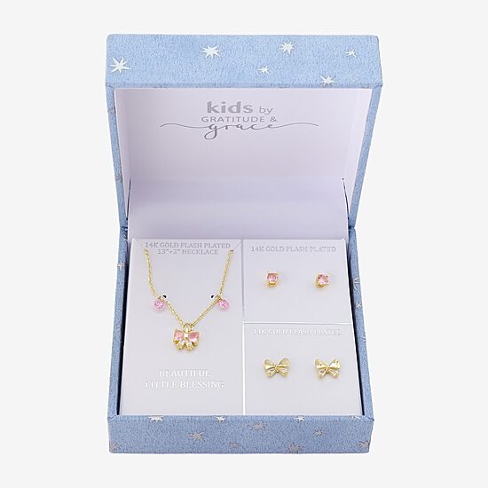Gratitude & Grace Girls Pink Cubic Zirconia 14K Gold Over Brass Bow 3-pc. Jewelry Set
