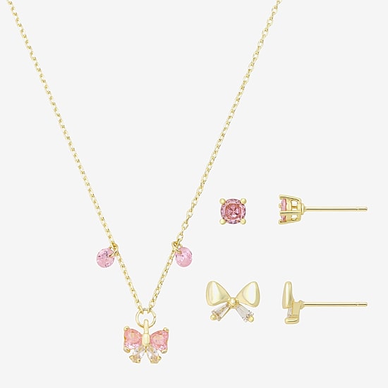 Gratitude & Grace Girls Pink Cubic Zirconia 14K Gold Over Brass Bow 3-pc. Jewelry Set