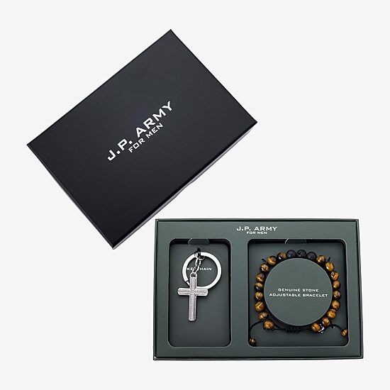 J.P. Army Bolo Beaded Bracelet & Keychain Mens Genuine Brown Tiger's Eye Stainless Steel Cross 2-pc. Jewelry Set