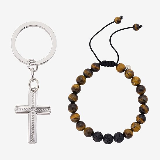 J.P. Army Bolo Beaded Bracelet & Keychain Mens Genuine Brown Tiger's Eye Stainless Steel Cross 2-pc. Jewelry Set