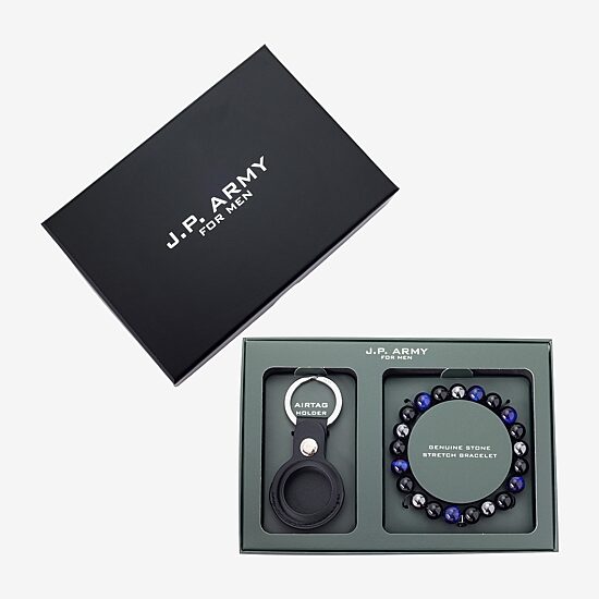 J.P. Army Beaded Bracelet & Air Tag Keychain Mens Genuine Black Agate ...