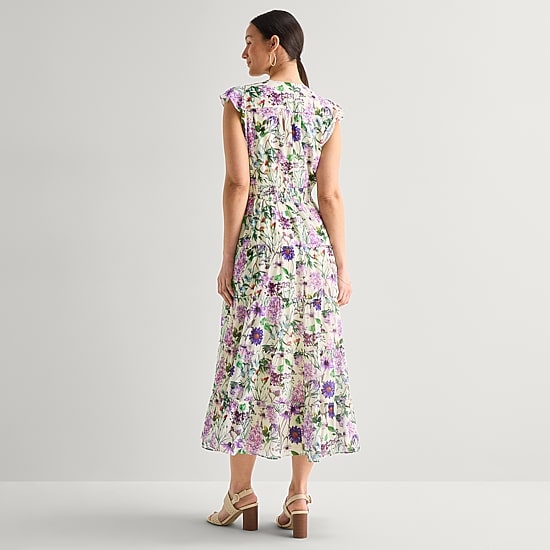 MSK Womens Petite V Neck Sleeveless Flutter Maxi Dress