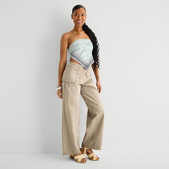 Forever 21 Womens Juniors Wide Leg Mid Rise Flat Front Pant