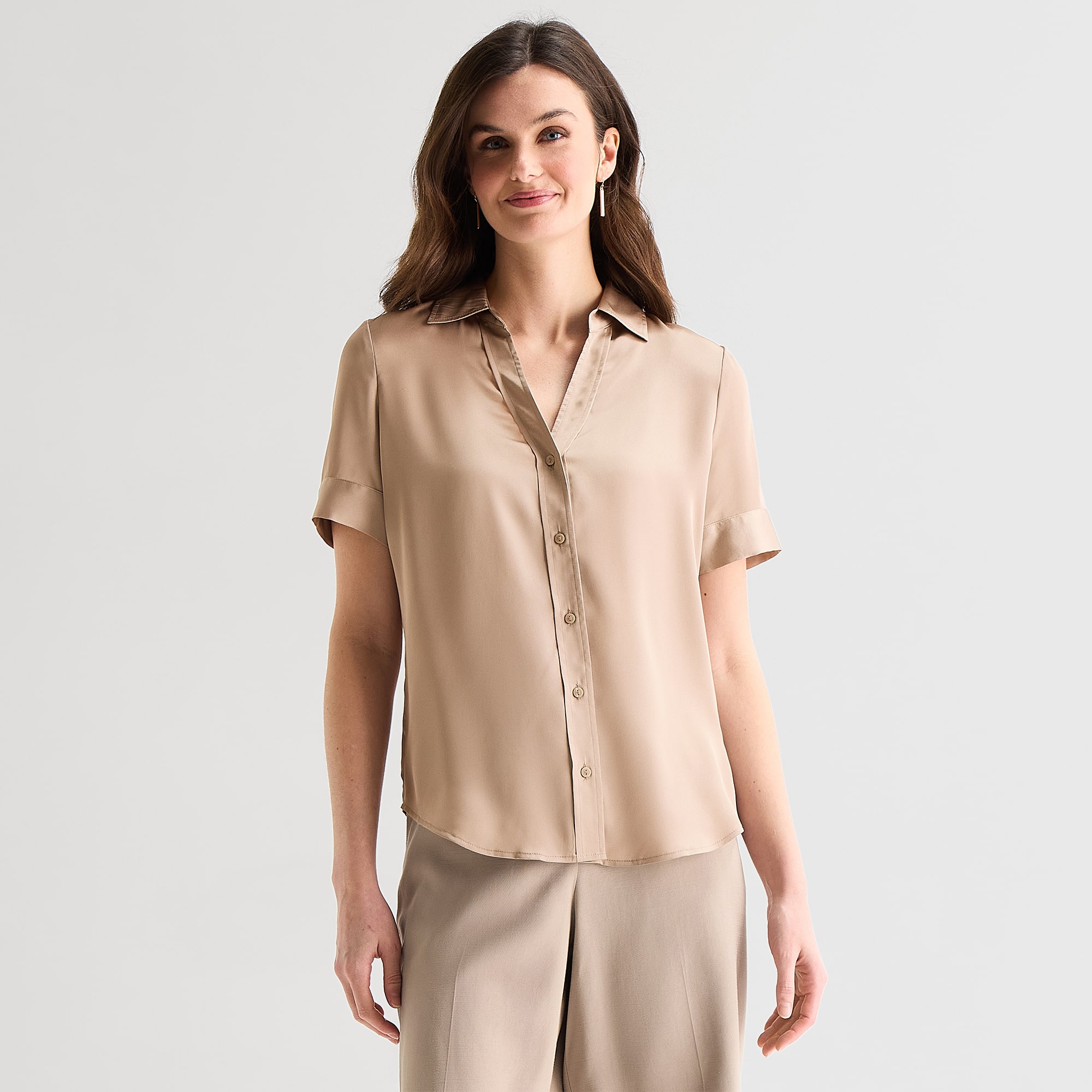 Worthington Womens Cuffed Short Sleeve Slim Fit Button-Down Shirt
