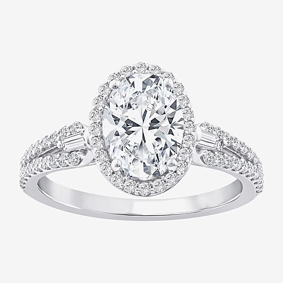 Signature By Modern Bride (F / Vs2) Womens 2 CT. T.W. Lab Grown White Diamond 10K Gold Oval Side Stone Halo Engagement Ring