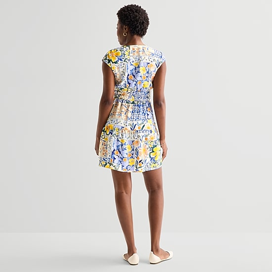 Be by CHETTA B Womens V Neck Sleeveless Drop Shoulder Floral Fit + Flare Dress