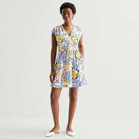 perceptions short sleeve floral midi fit flare dress Perceptions Women's Midi Short Sleeve Flutter Geo Linear Fit + Flare Dress | Blue | Women's Large