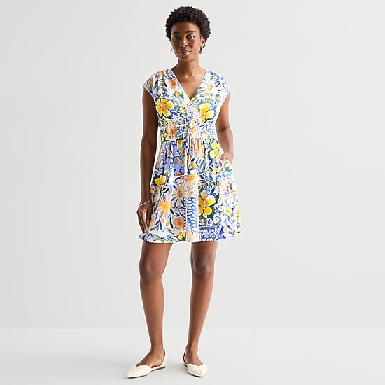 Be by CHETTA B Womens V Neck Sleeveless Drop Shoulder Floral Fit + Flare Dress