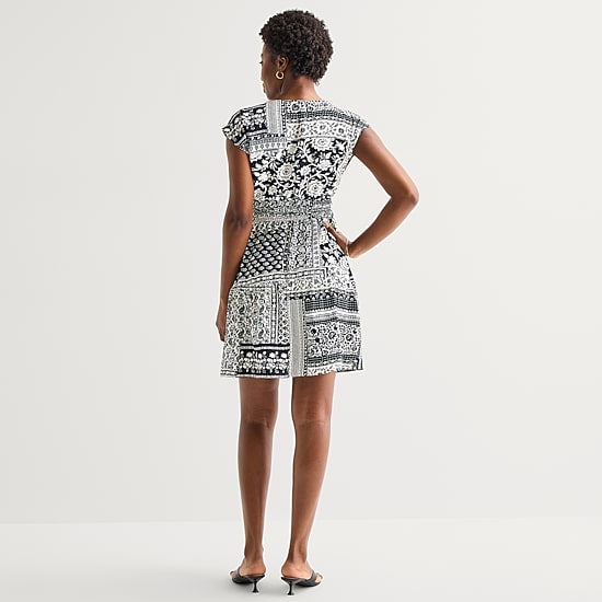 Be by CHETTA B Womens V Neck Short Sleeve Patchwork Fit + Flare Dress