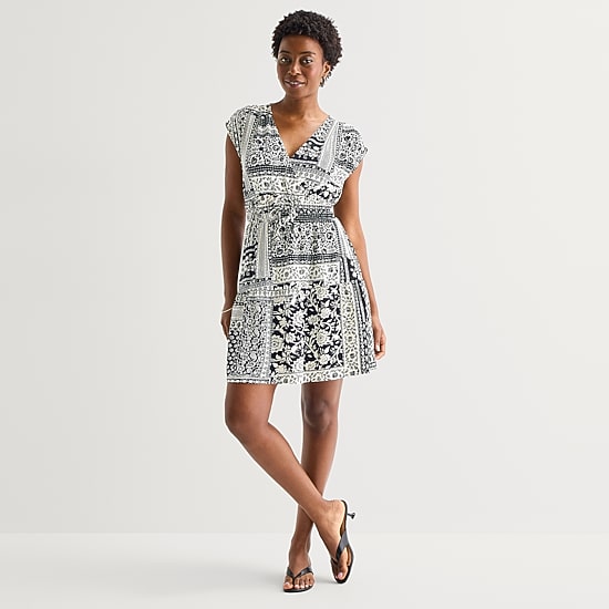 Be by CHETTA B Womens V Neck Short Sleeve Patchwork Fit + Flare Dress