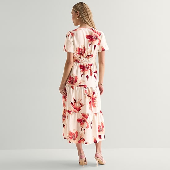 Liz Claiborne Womens Midi Split Crew Neck Short Sleeve Floral Peasant Dress