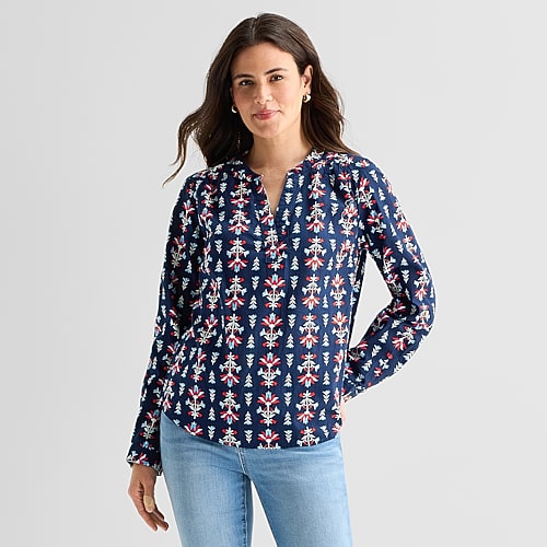 St. John's Bay Womens V Neck Long Sleeve Blouse, Small, Blue