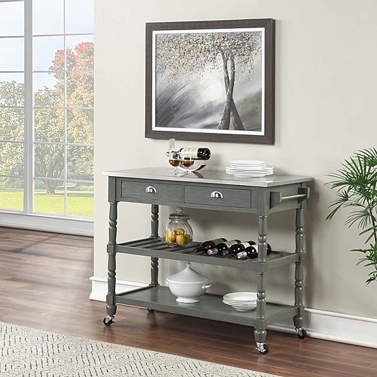 French Country Stainless Steel Counter Top Kitchen Cart with Wine Rack