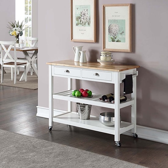 French Country Butcher Block Counter Top Kitchen Cart with Wine Rack