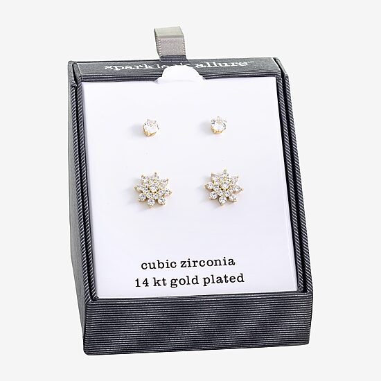 Sparkle Allure Womens Cubic Zirconia 14K Gold Over Brass Flower 2 Pair Earring Set