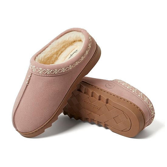 Dearfoams Doreen Genuin Suede Embroidery Womens Memory Foam Clog Slippers