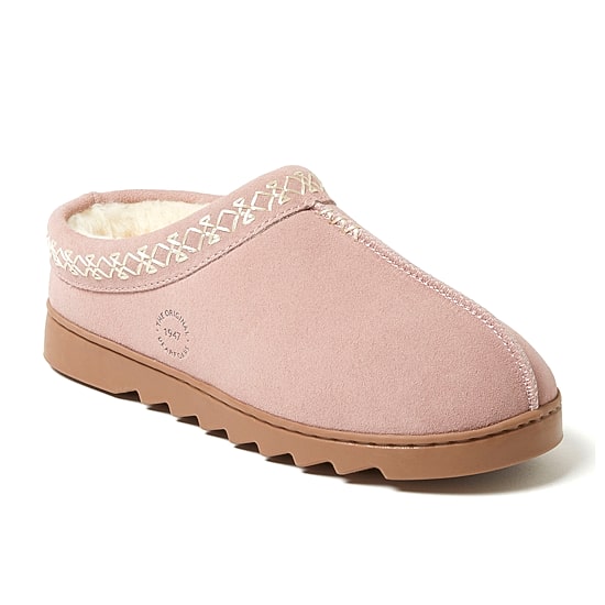 Dearfoams Doreen Genuin Suede Embroidery Womens Memory Foam Clog Slippers