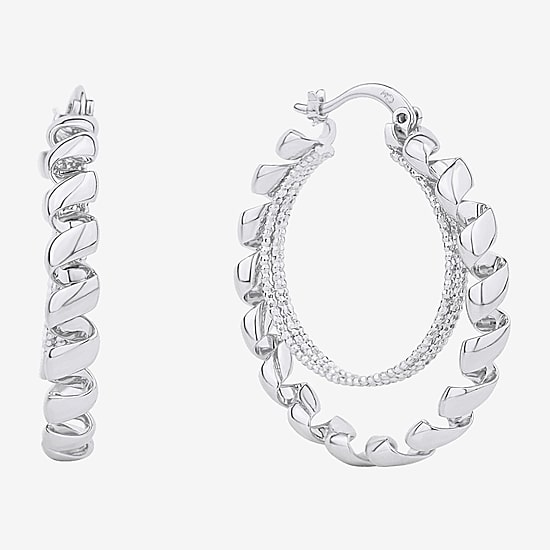 Silver Reflections Double Womens 38mm Hoop Earrings