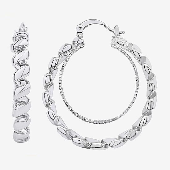 Silver Reflections Double Womens 38mm Hoop Earrings