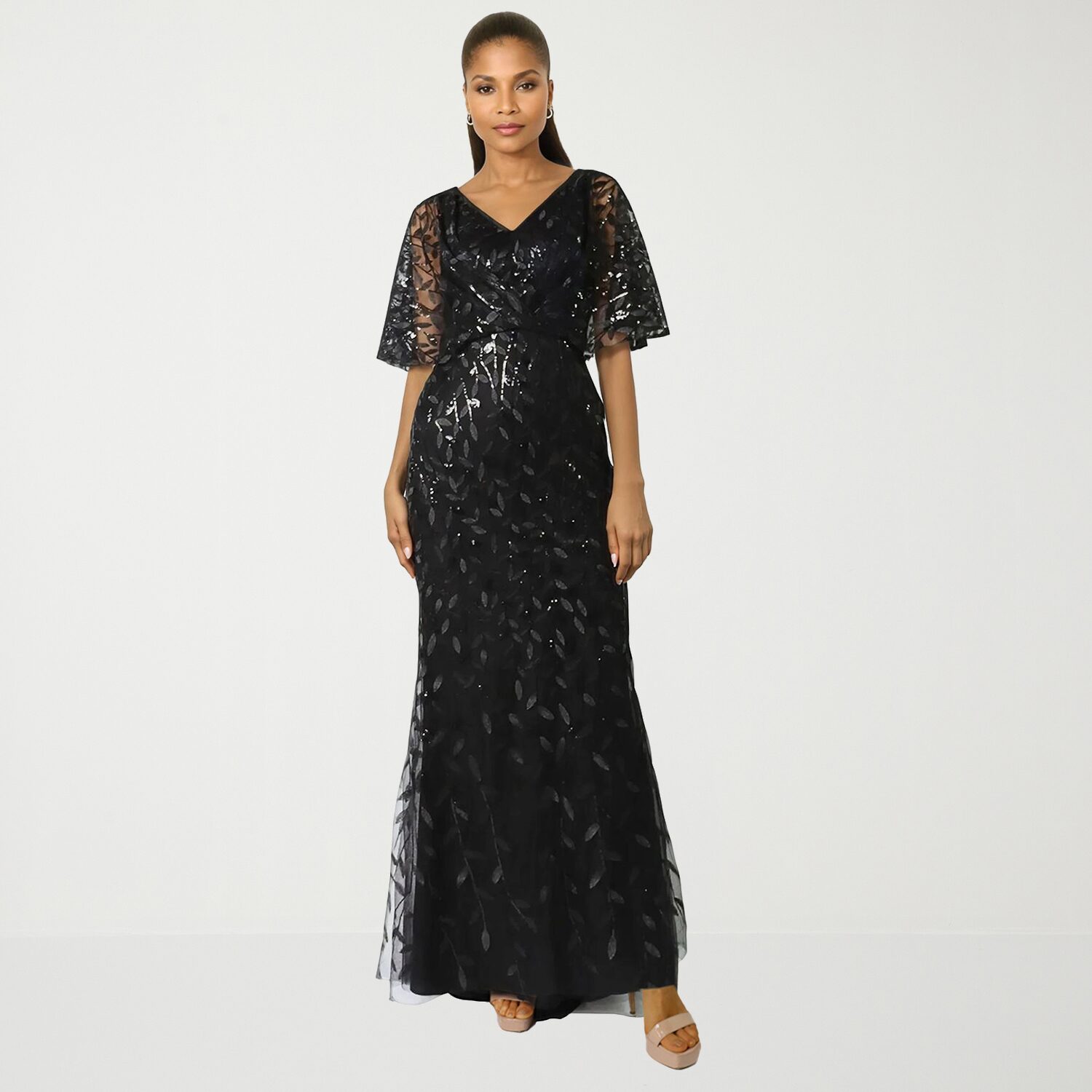 Rene by Ruiz Collection Womens Elbow Sleeve Embroidered Evening Gown