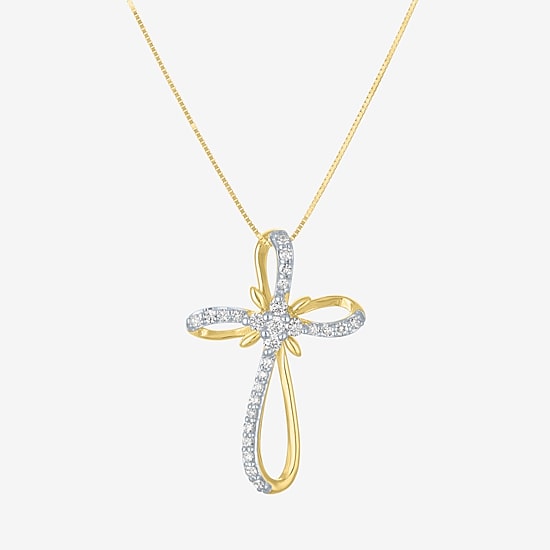 (H-I / I1) Womens 1/3 CT. T.W. Lab Grown White Diamond 10K Gold Cross 18 Inch Pendant Necklace